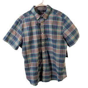 Nautica Men’s Classic Fit Plaid Short Sleeve Button Down Shirt Large Blue Green